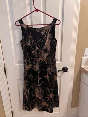 Monsoon Black Midi Silk Dress with Taupe Floral Design